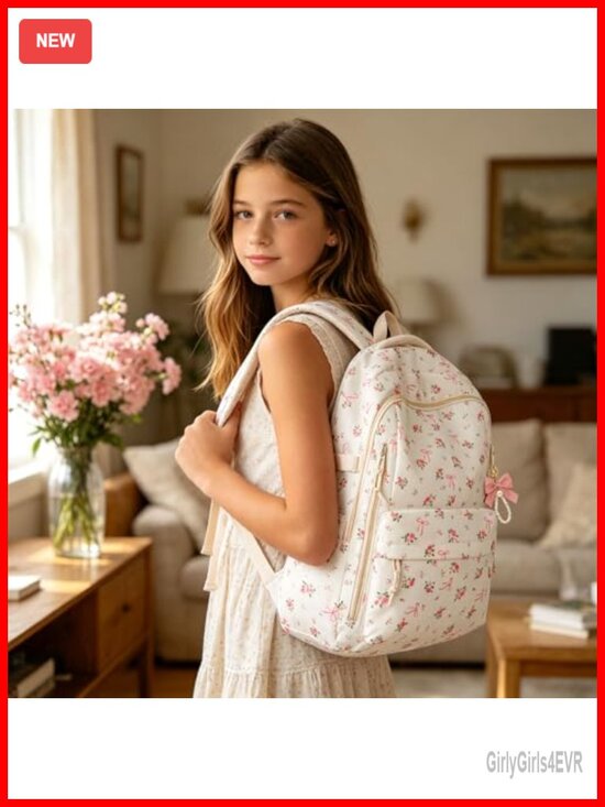 Cute Floral Bow Backpack Aesthetic Preppy Backpack for Women Lightweight Casual main image 5
